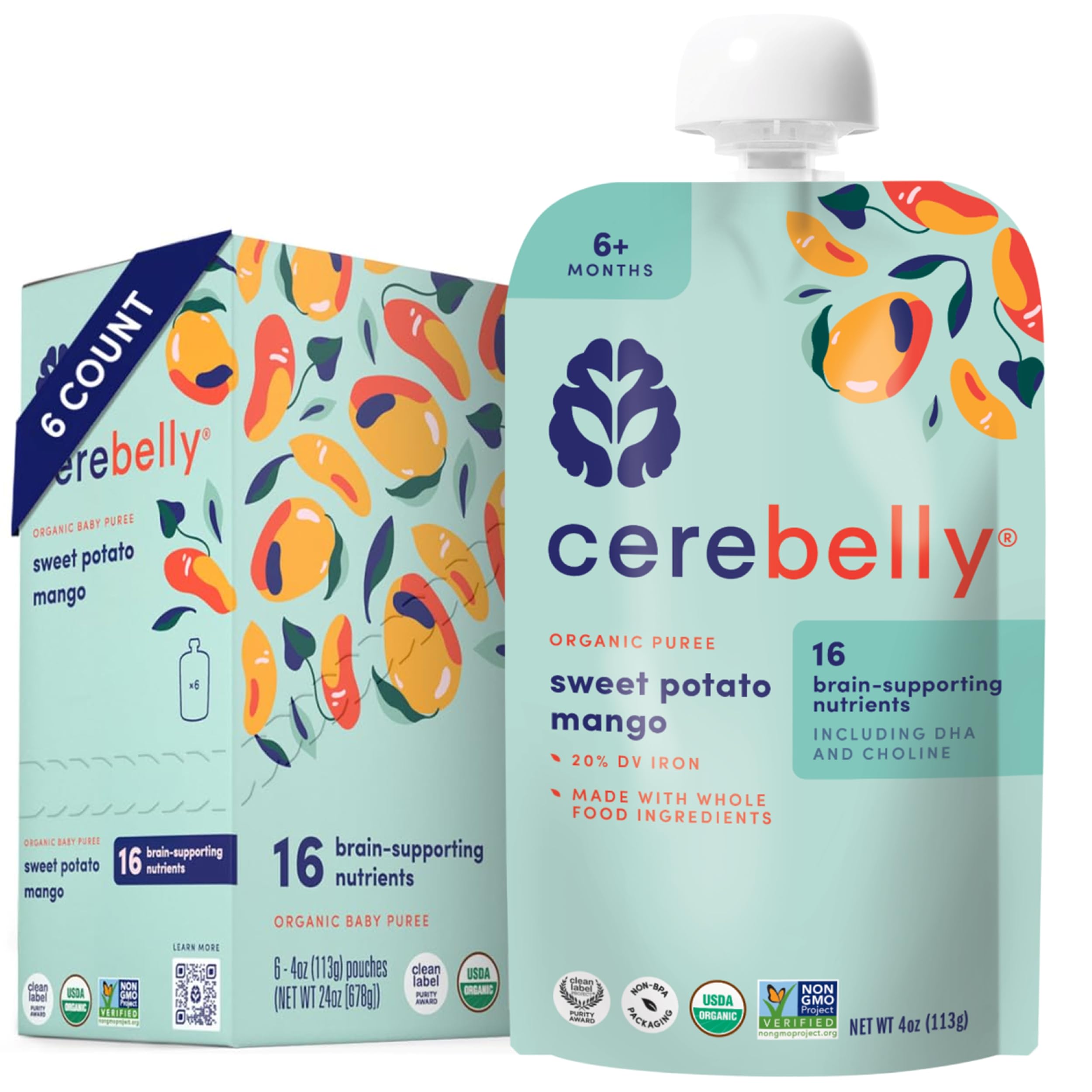 Cerebelly sweet potato mango pouch, convenient on-the-go baby meal for busy parents.