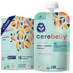 Cerebelly sweet potato mango pouch, convenient on-the-go baby meal for busy parents.