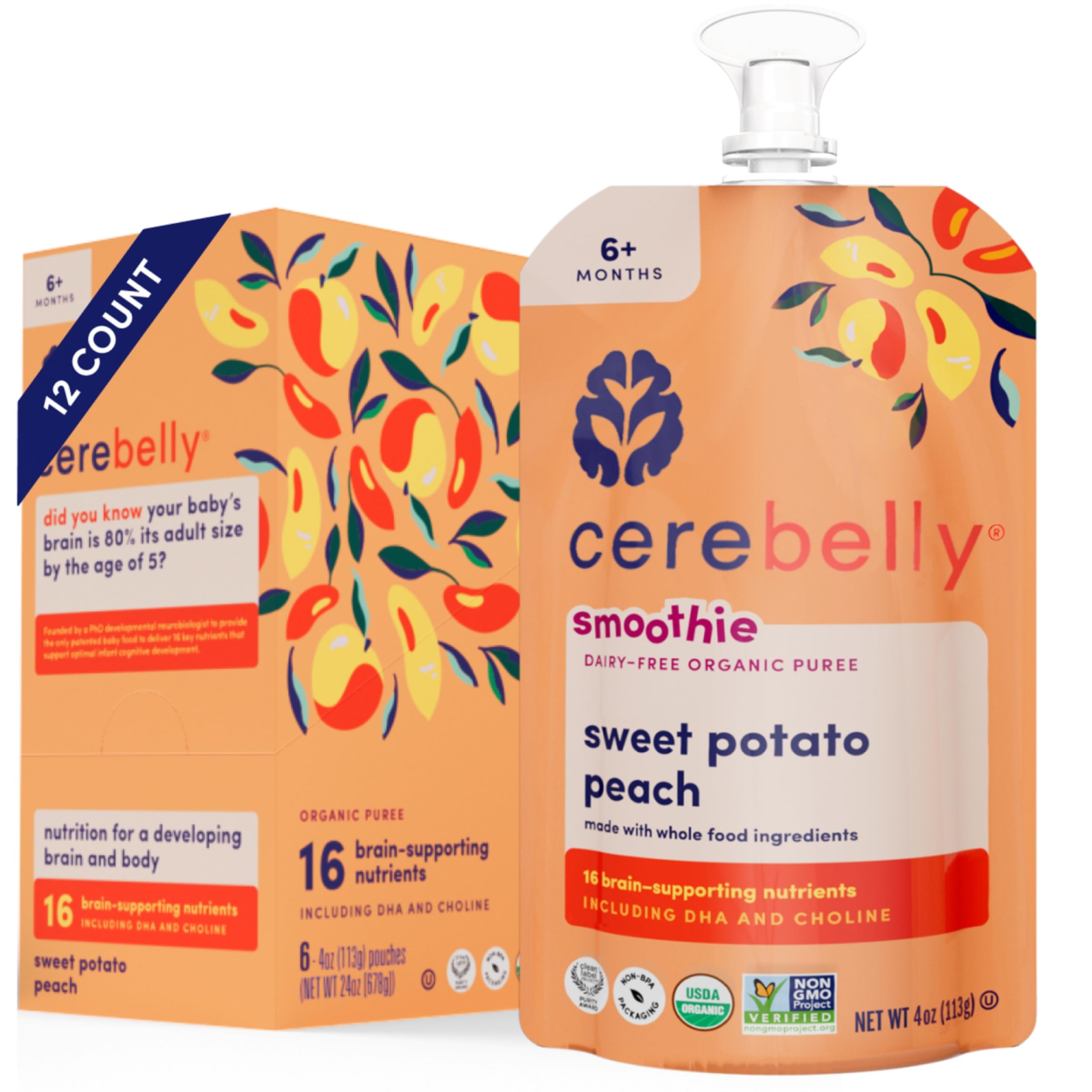 Cerebelly pouch front label shows organic ingredients for quick meals.