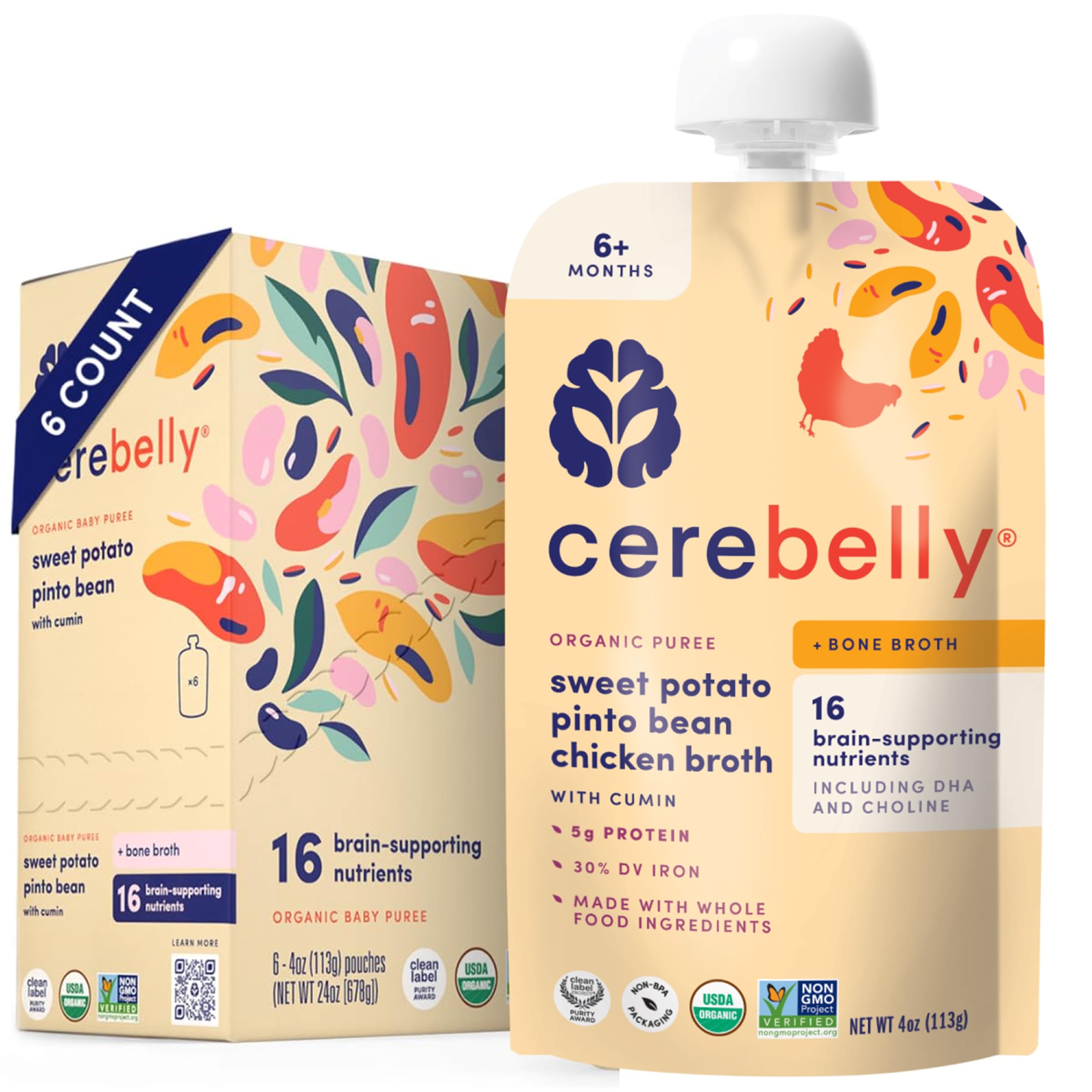 Cerebelly sweet potato pinto bean chicken bone broth pouch, protein-rich on-the-go nutrition.