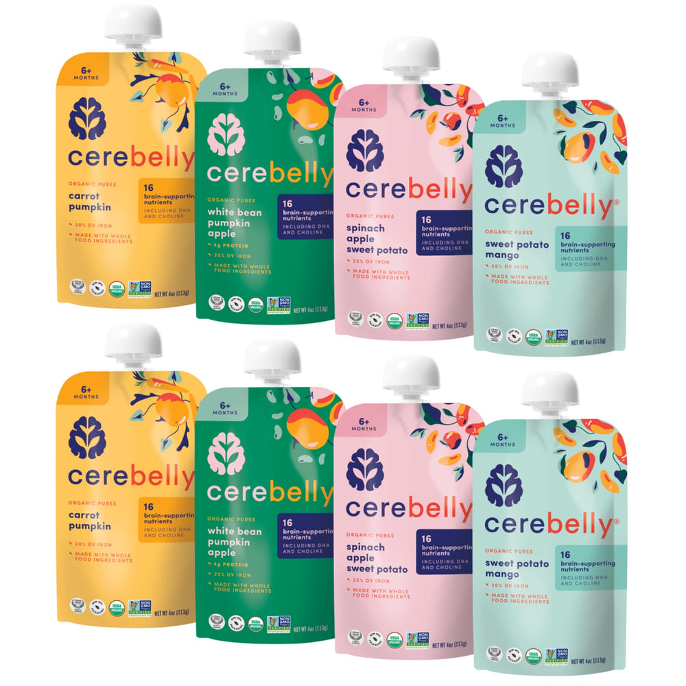 Cerebelly variety pack pouches for on-the-go meals.