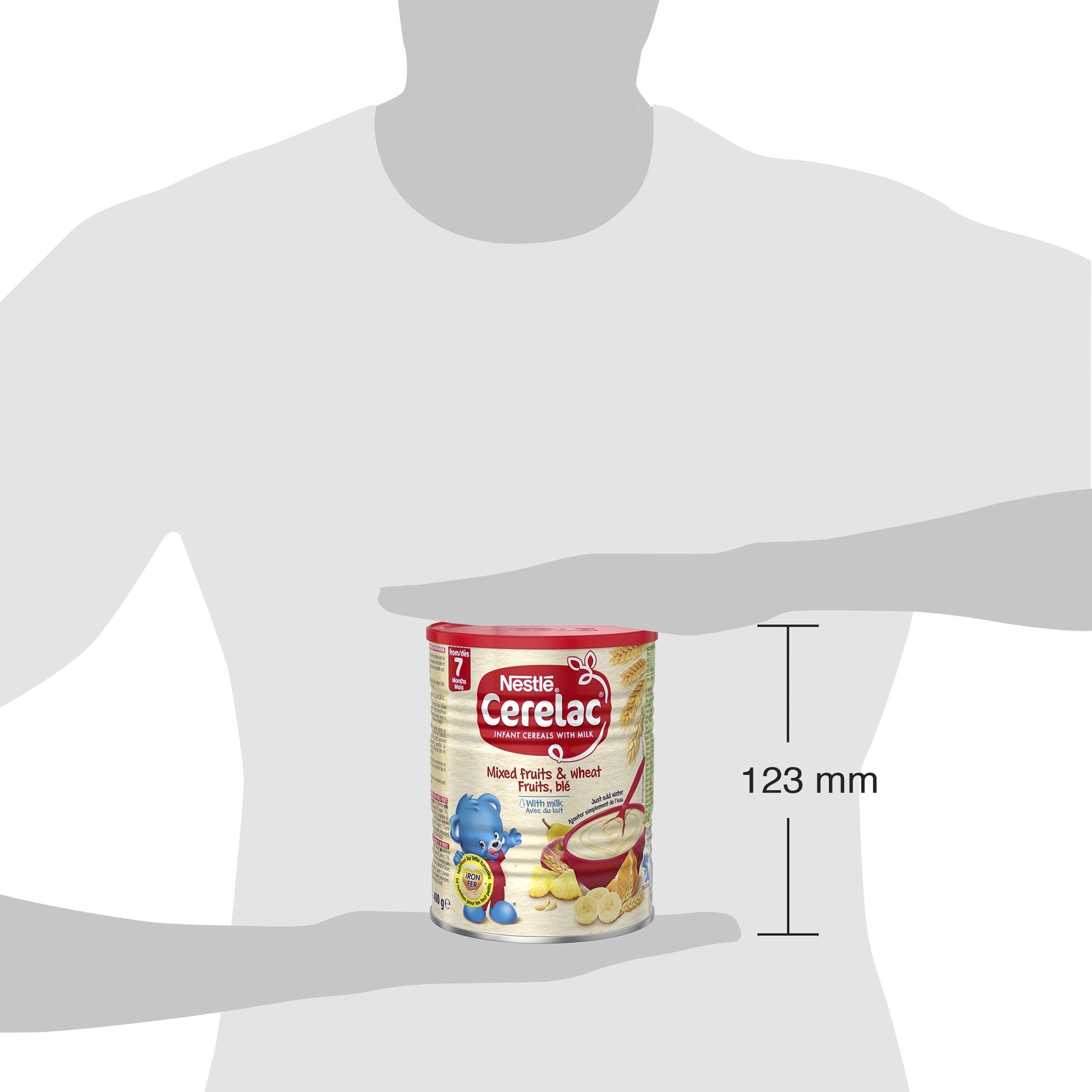 Cerelac mixed fruits and wheat with milk can back view, packaging for convenient storage.