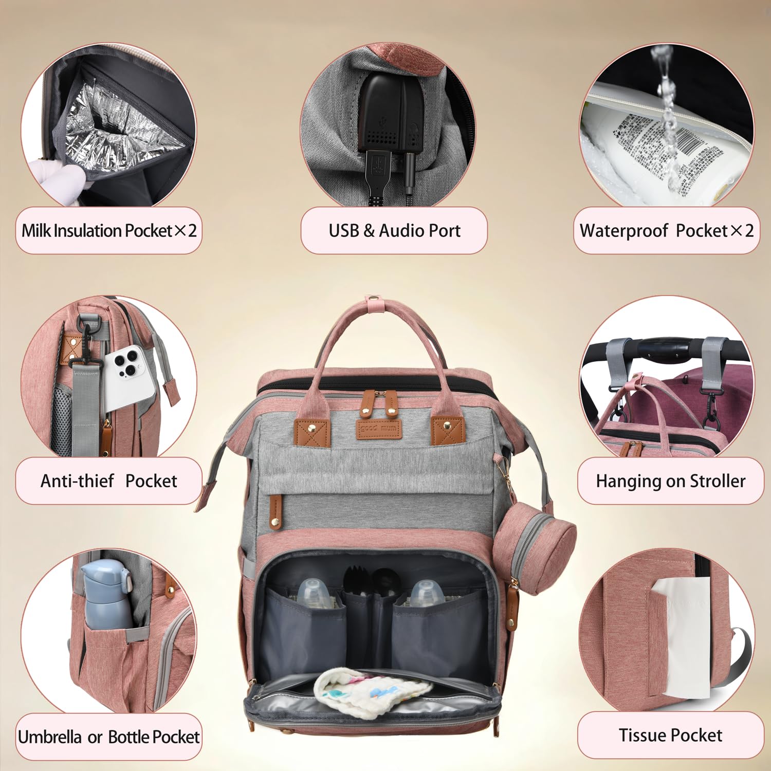 CESAILT diaper bag with USB port convenient charging during outings.