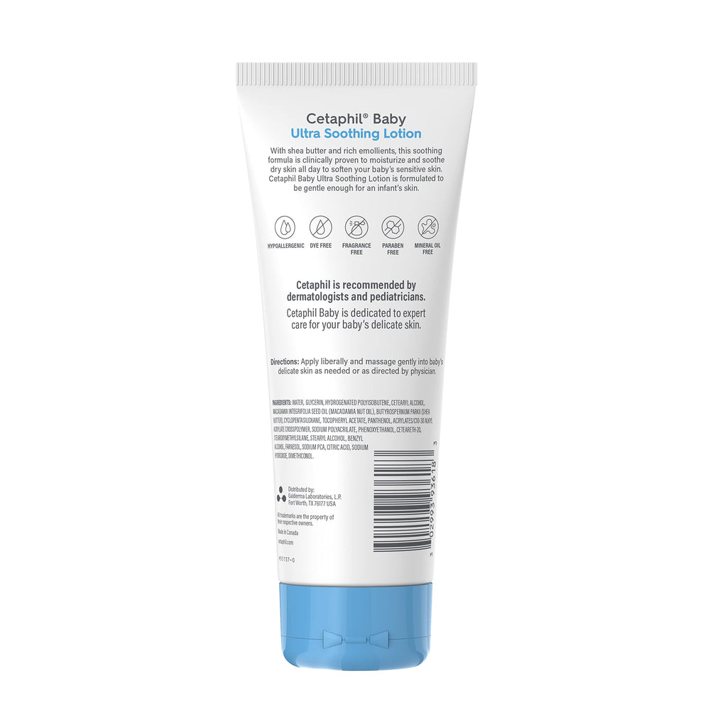 Cetaphil Baby Ultra Soothing Lotion hypoallergenic formula supports gentle care for delicate skin.