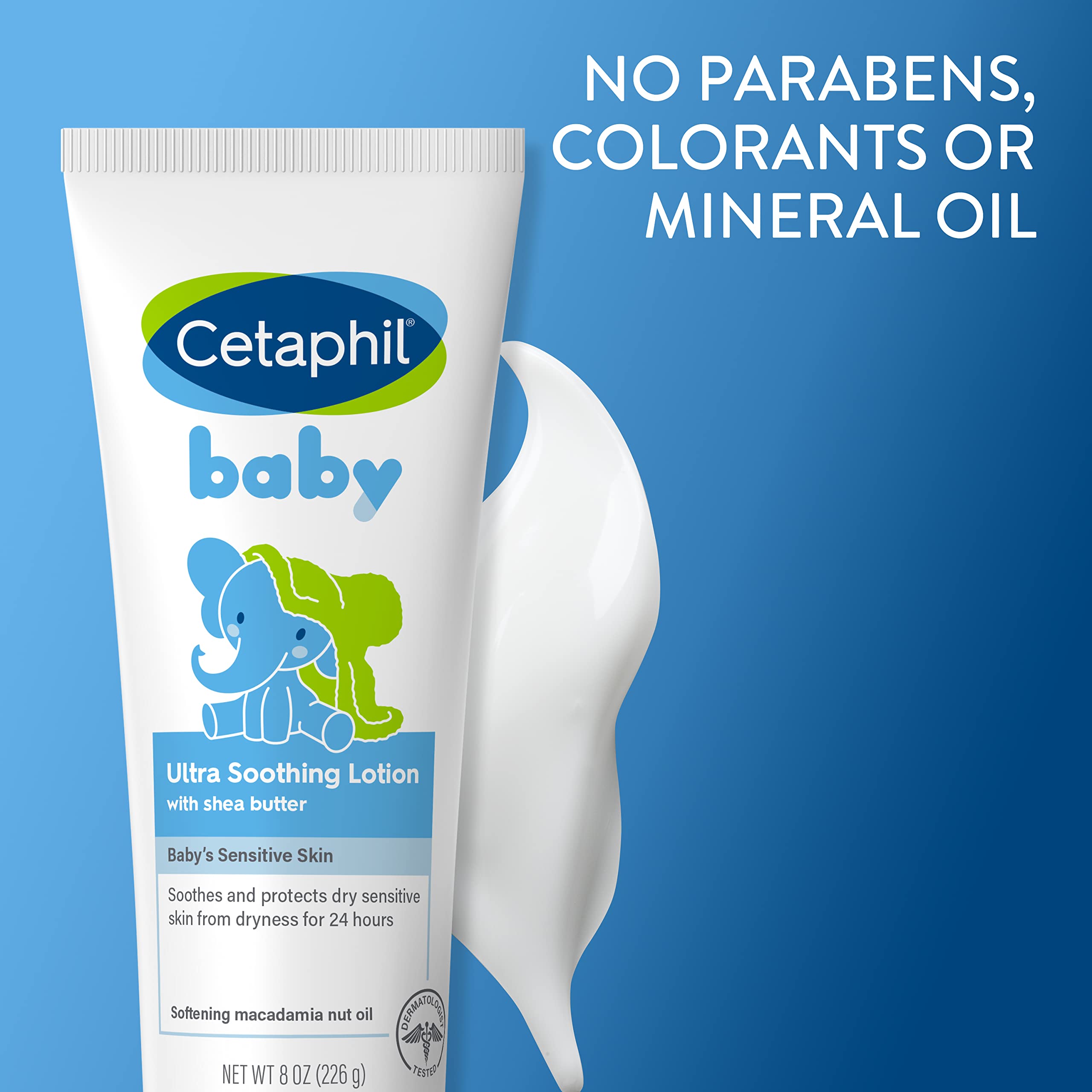 Cetaphil Baby Ultra Soothing Lotion with Shea Butter highlights deep moisturization for dry skin.
