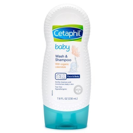 Cetaphil baby wash-shampoo close-up demonstrates tear-free formula for bath time.