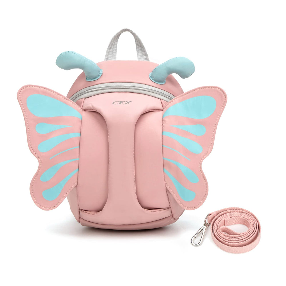 CFX backpack leash with safety handle in pink butterfly design for secure outings.
