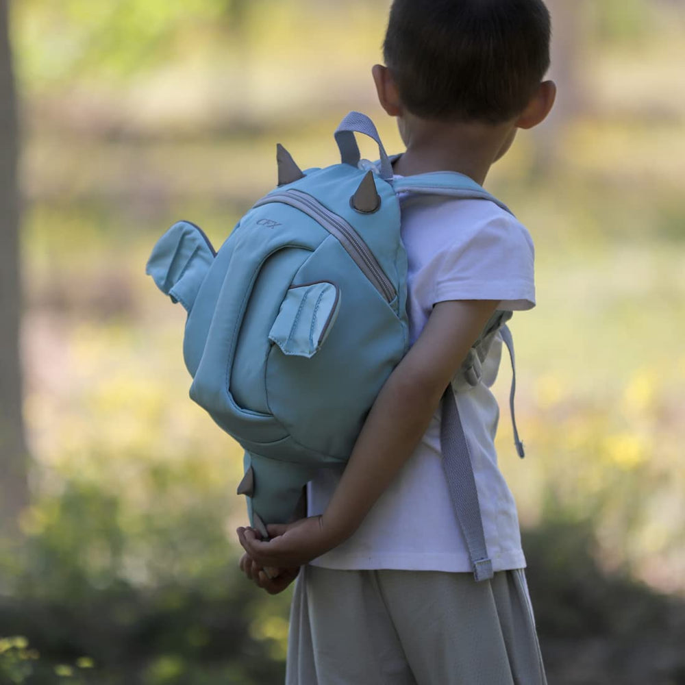 CFX dinosaur backpack storage capacity fits tissues, water bottle, diaper, and tablet