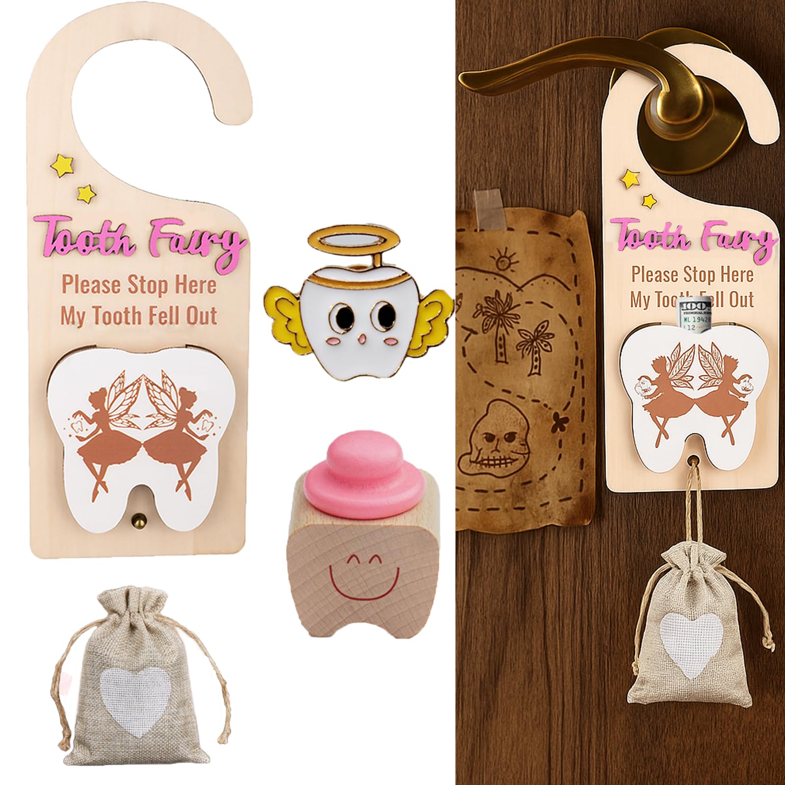 Chakralux Tooth Fairy door hanger on a kids' door for magical tooth visits.