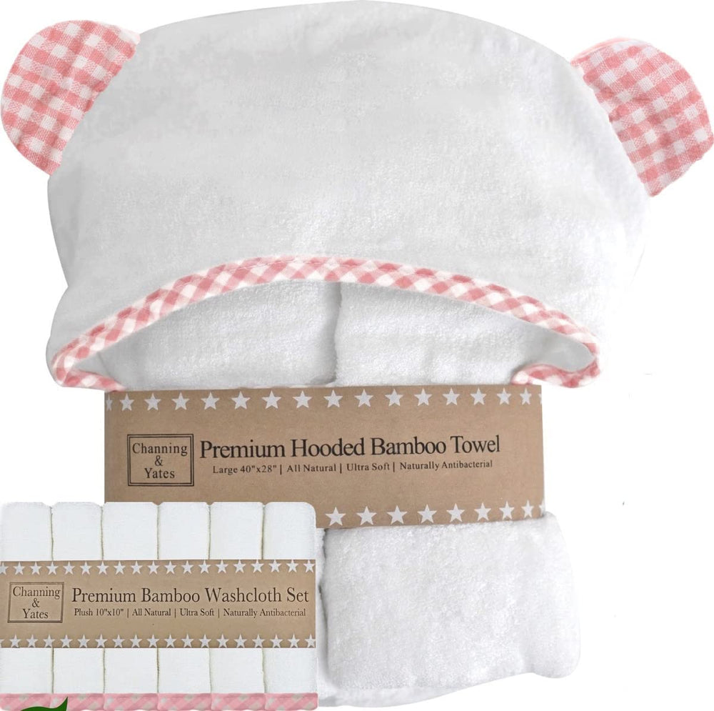 Channing & Yates pink hooded bamboo baby towel for gentle bath time wrap