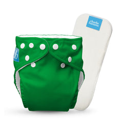 Charlie Banana Basil Green cloth diaper front view with soft fleece lining for gentle skin protection.