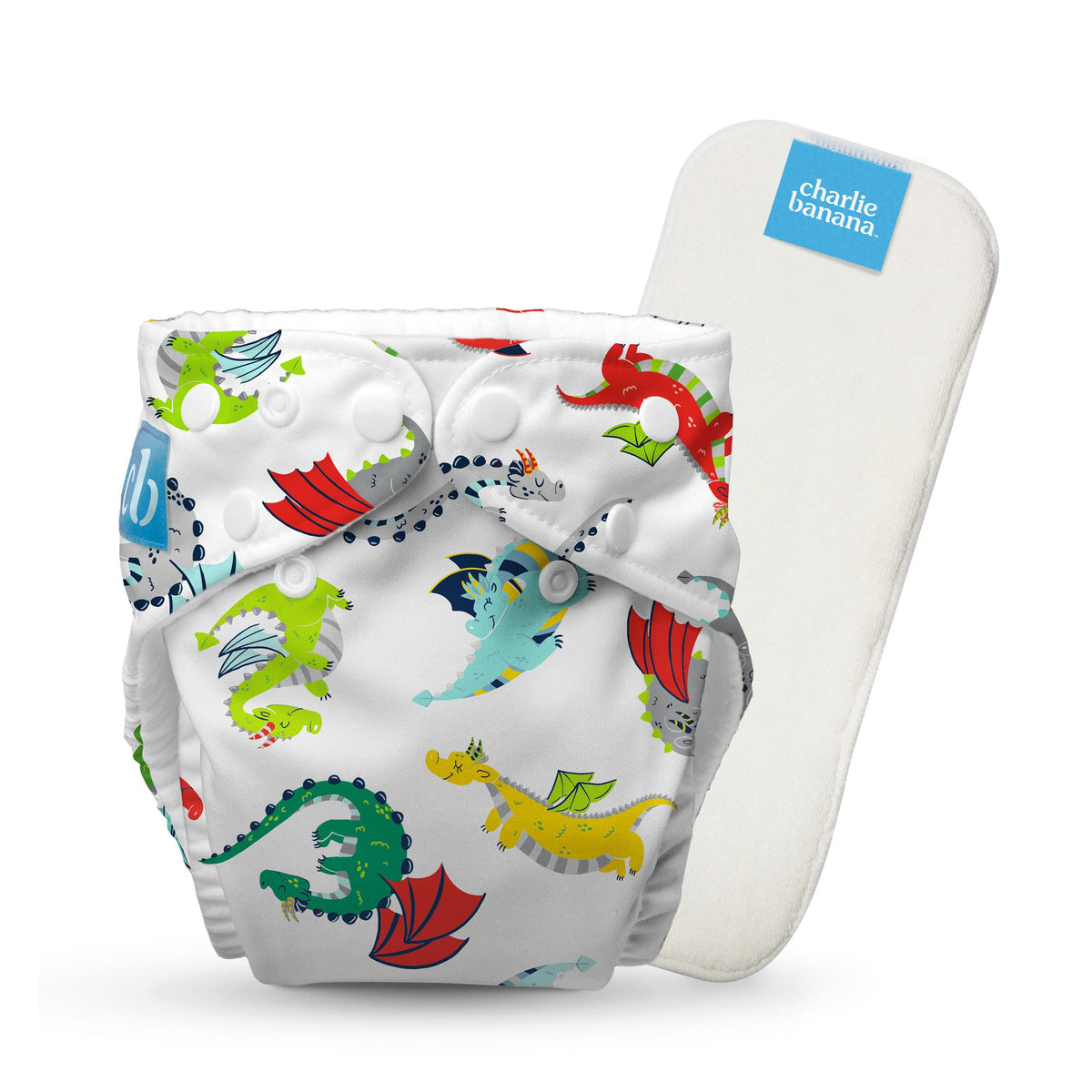 CHARLIE BANANA Mr Dragon pack shot highlights reusable cloth diaper for eco-friendly care.
