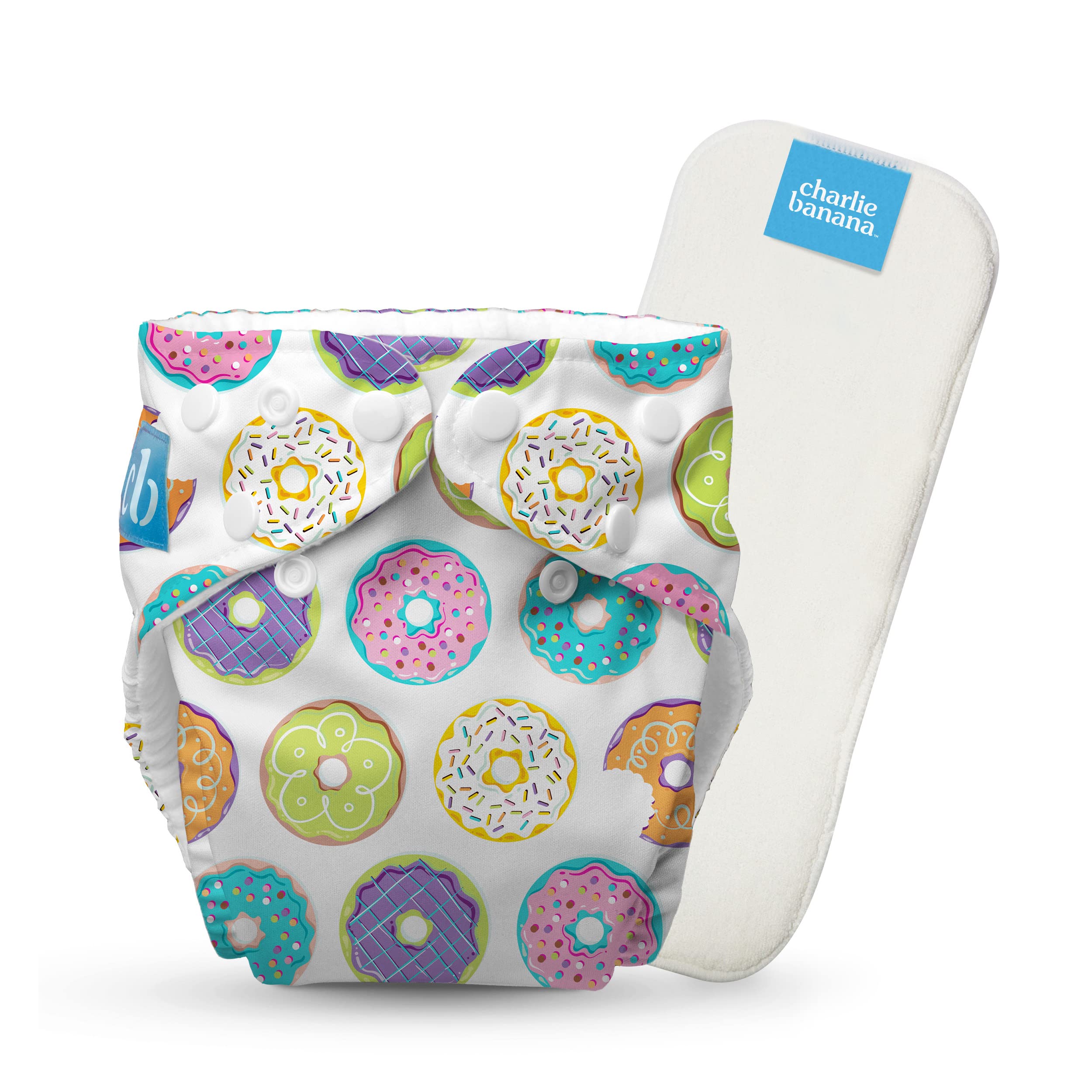 Charlie Banana Delicious Donuts diaper front view shows adjustable fit for growing babies.
