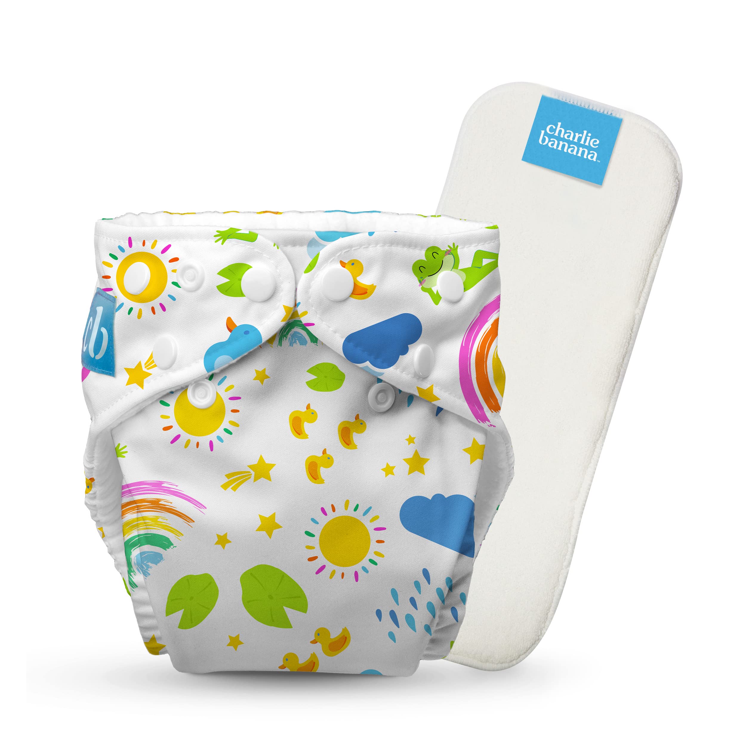 Charlie Banana Hello Sunshine diaper front view demonstrates adjustable one-size fit.
