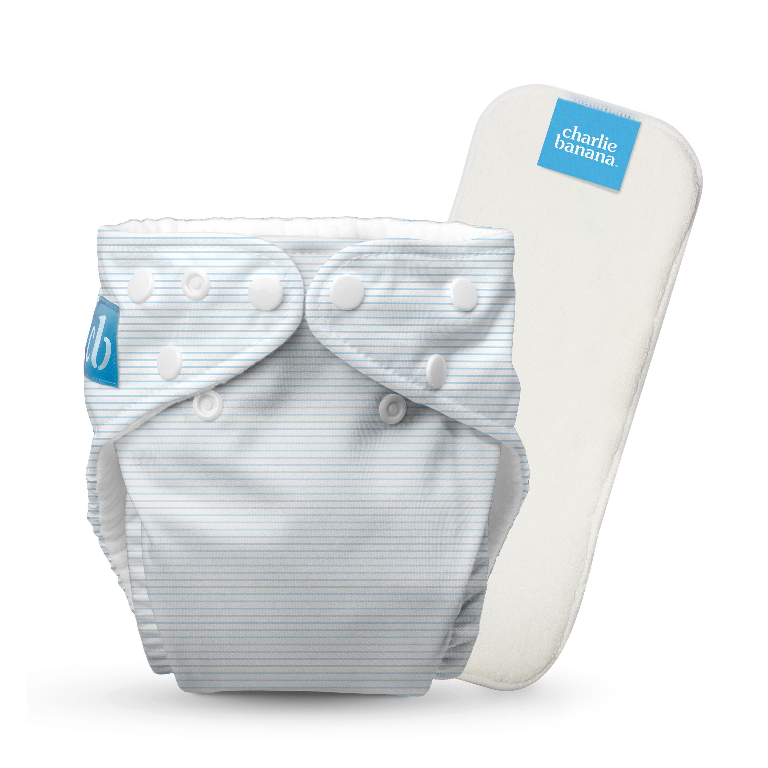 Charlie Banana pencil stripes blue diaper front view, reusable design ideal for daily use.