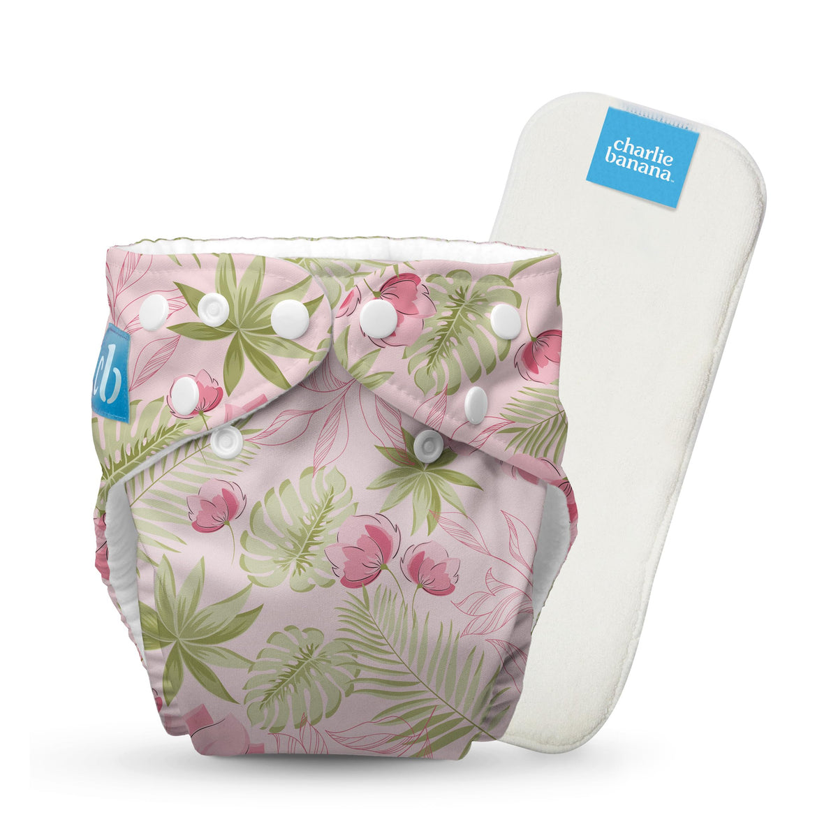 Charlie Banana Pink Forest cloth diaper with adjustable fit for growing babies.