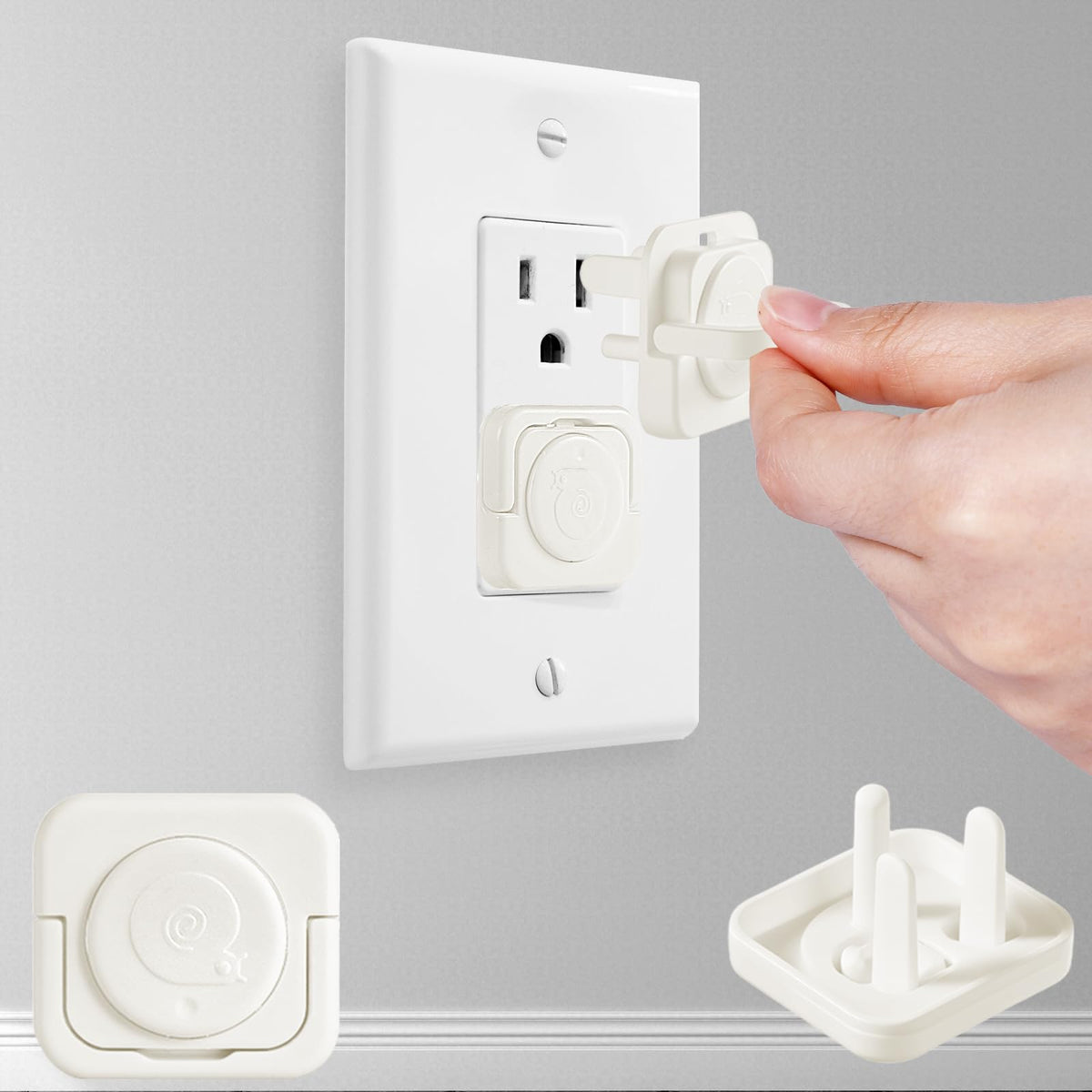 CharmFields Snail outlet cover on a standard outlet with hidden pull tab