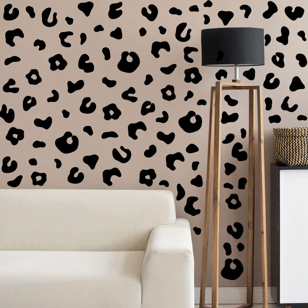 CharmFlo leopard vinyl decals shown in playroom setup for DIY projects.