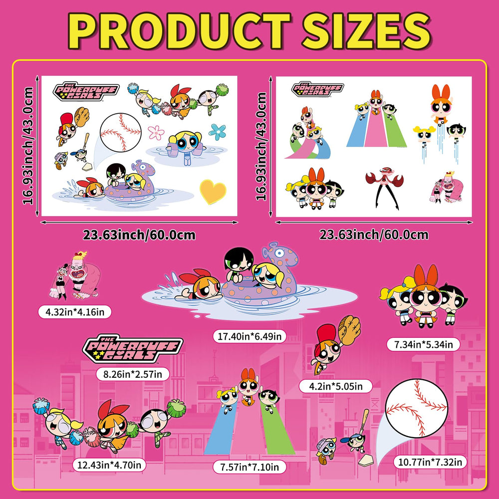 Charon Powerpuff Girls decals in pink sports theme decorate playroom walls.