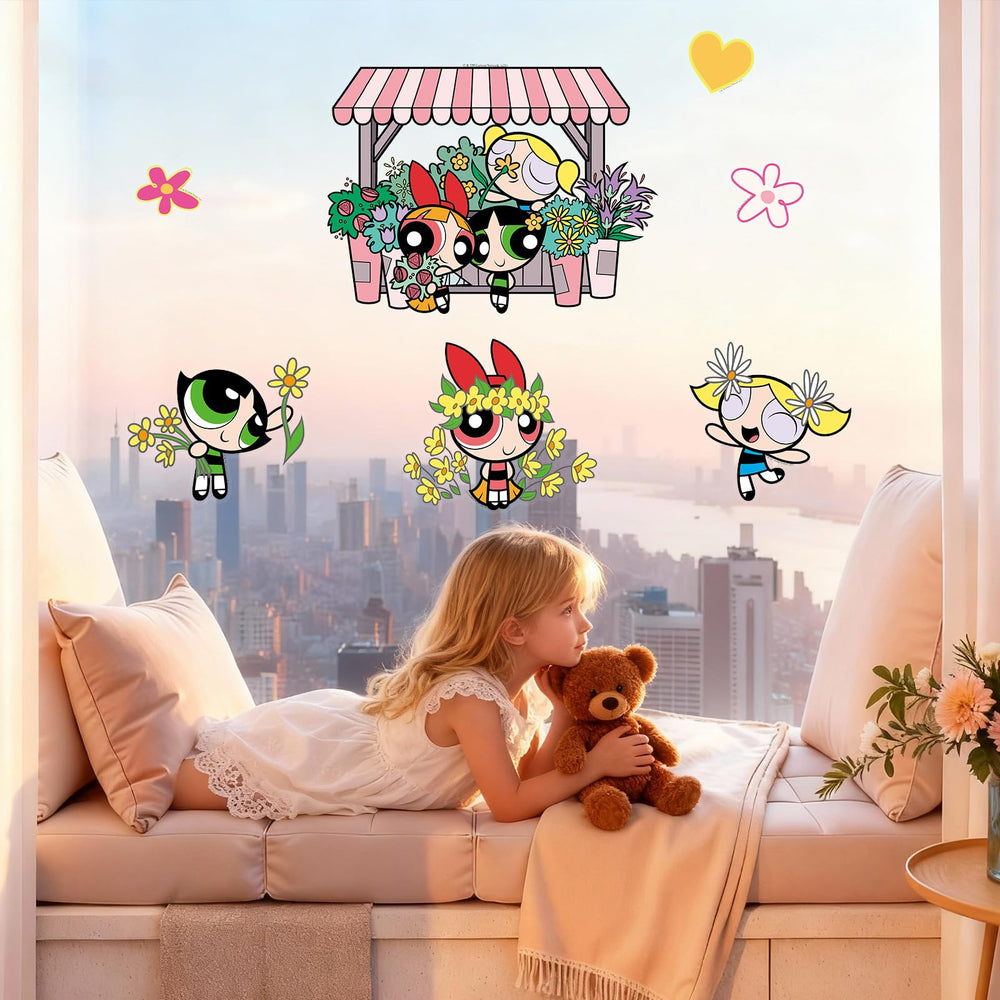 Charon Powerpuff bathroom wall decor applied on tiles for splash of color.