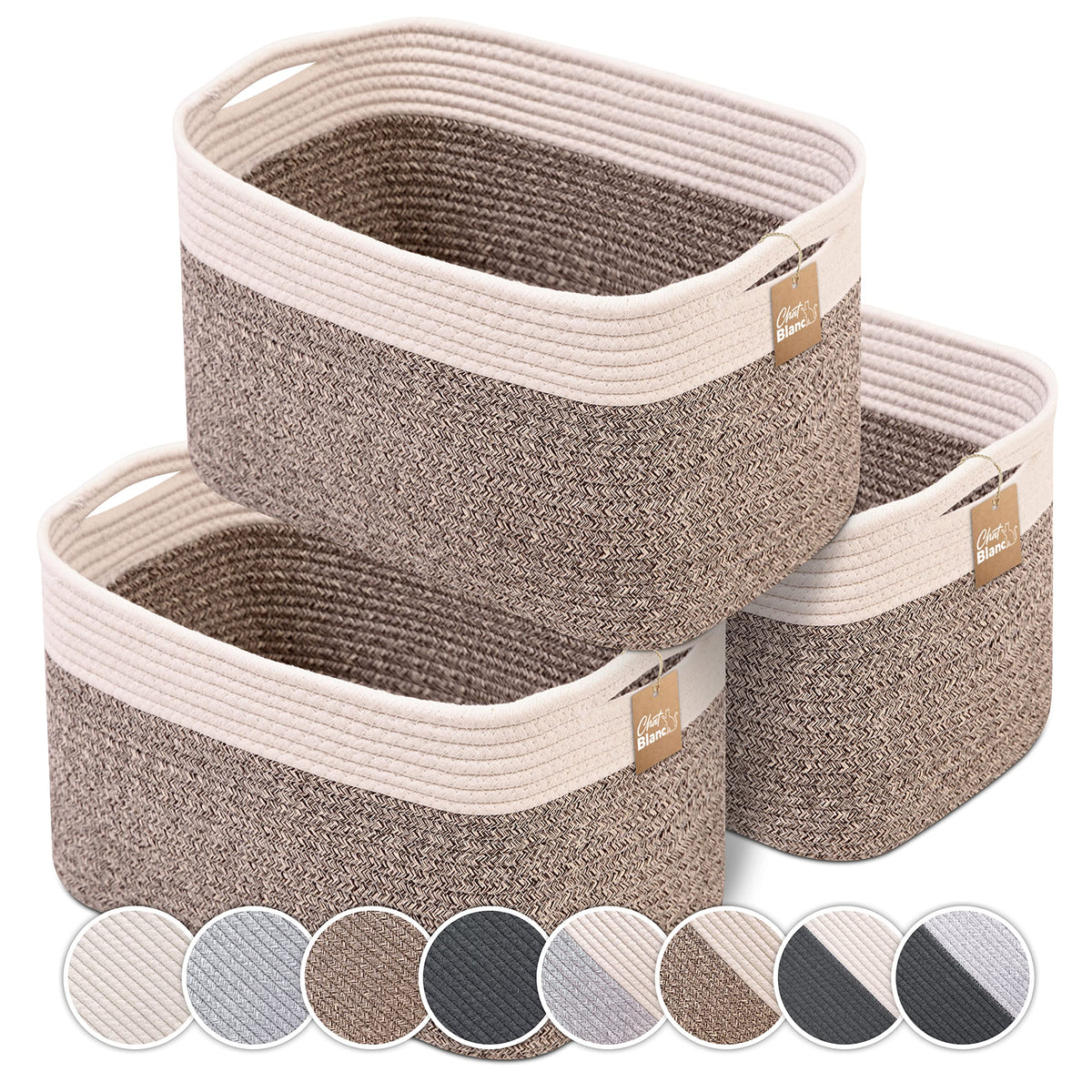 CHAT BLANC cotton rope baskets on a shelf organize and declutter living spaces.