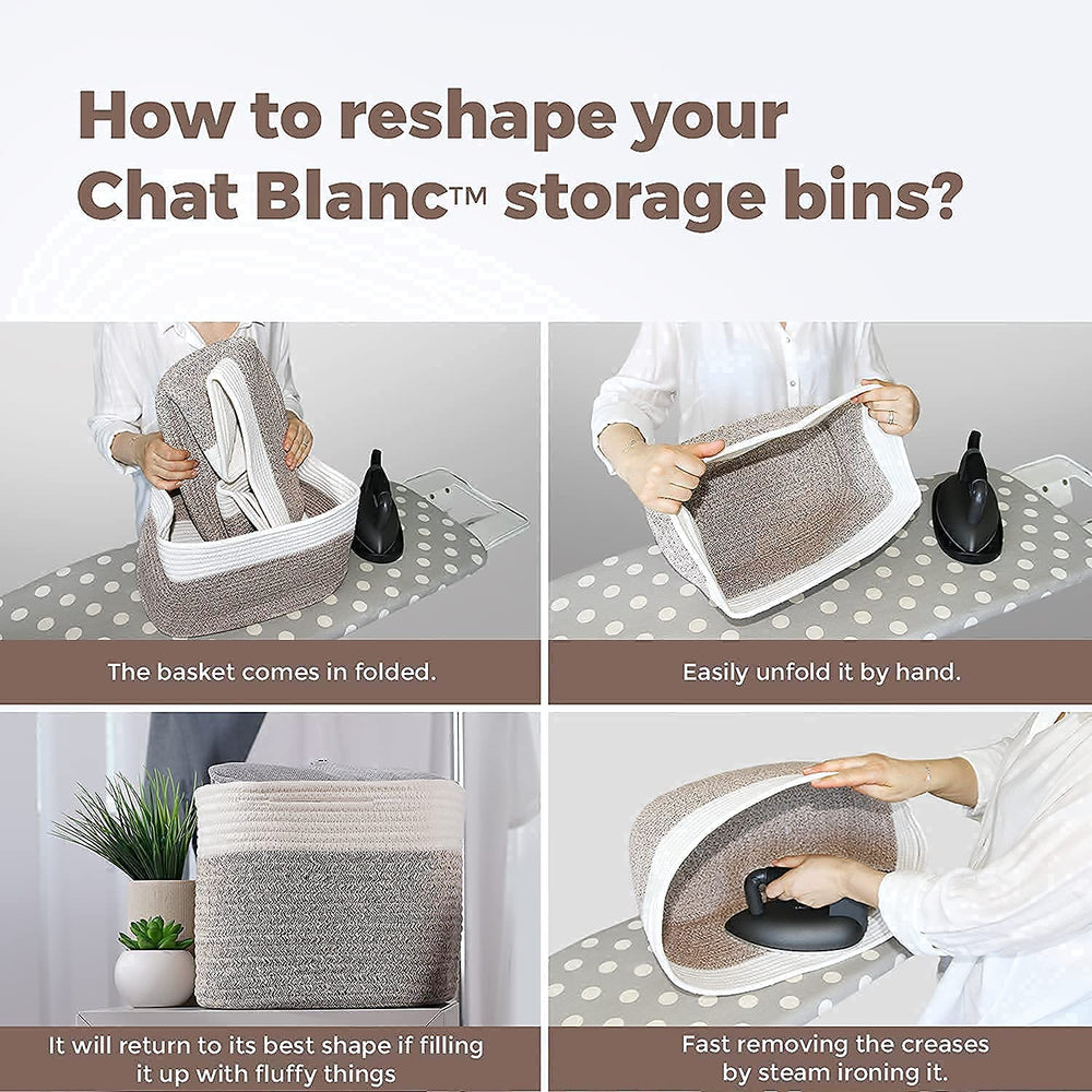 CHAT BLANC dog toy bin doubles as a book bin for versatile storage.