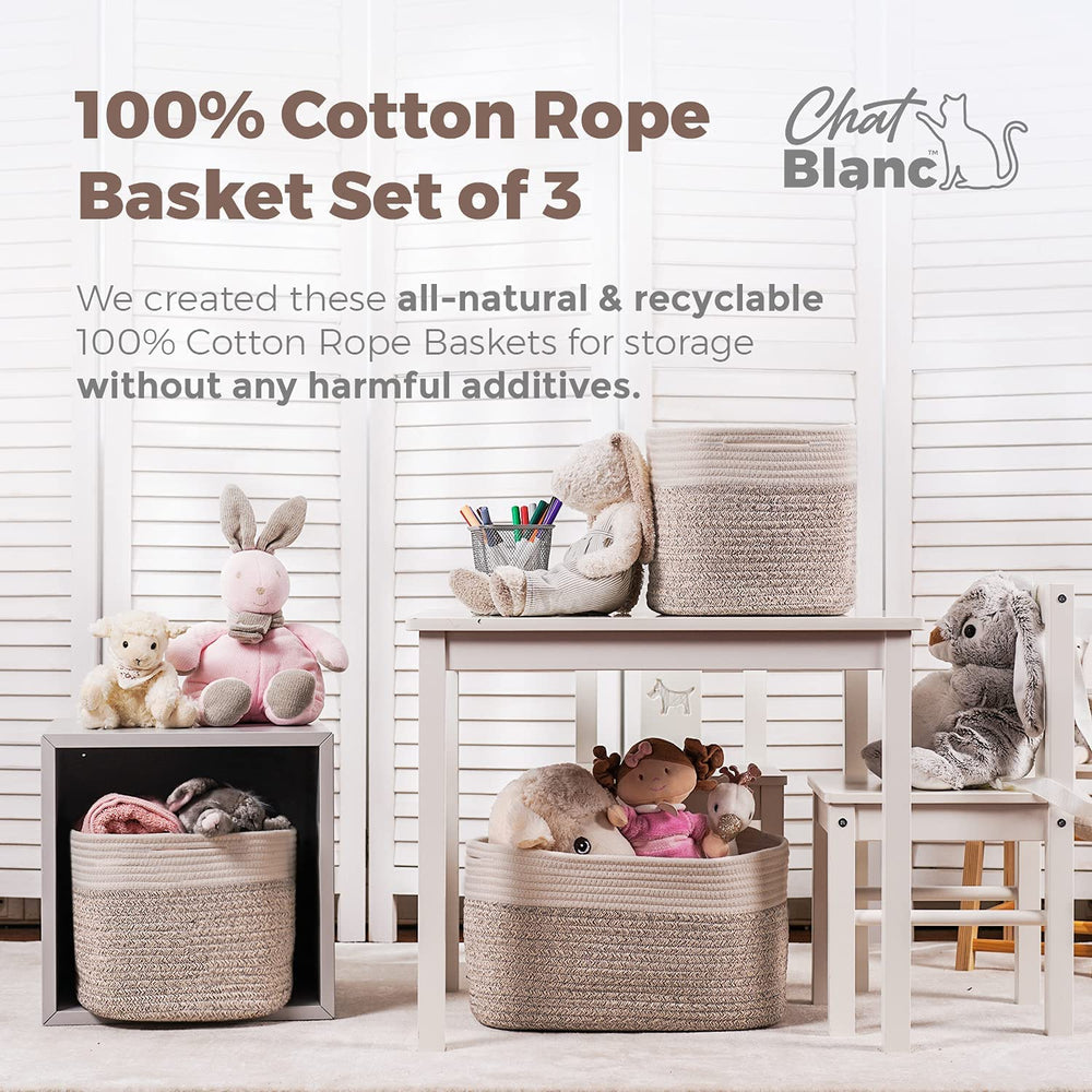 CHAT BLANC nursery decorative basket in off-white and brown adds warm texture.