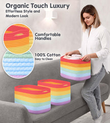 Chat Blanc rainbow rope basket used in bathroom for towels and spa-like organization.