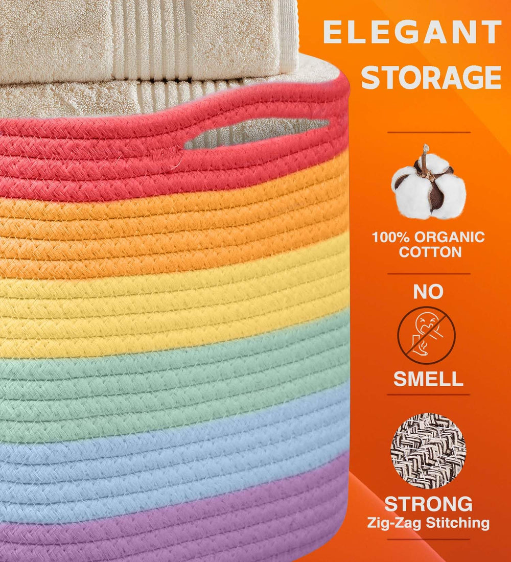 Chat Blanc rainbow rope basket in a nursery setting as decorative storage.