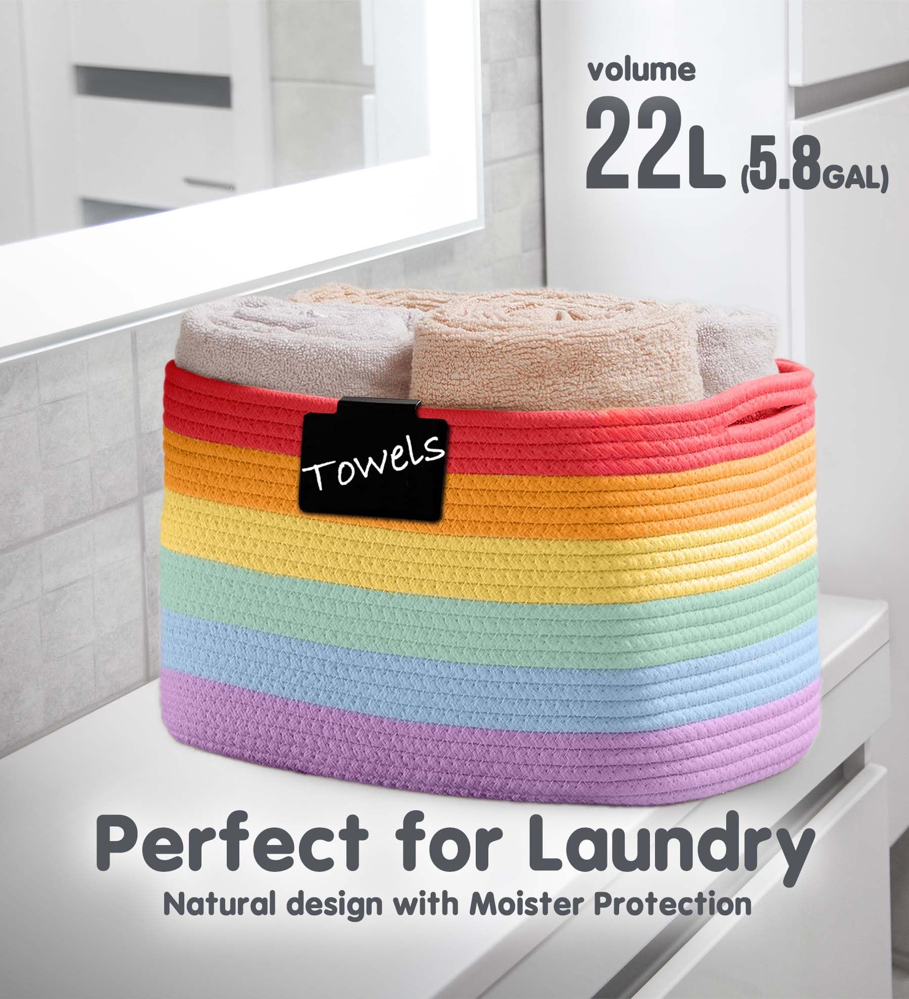 Chat Blanc rainbow rope bin for kids' toys with a handy transport option.