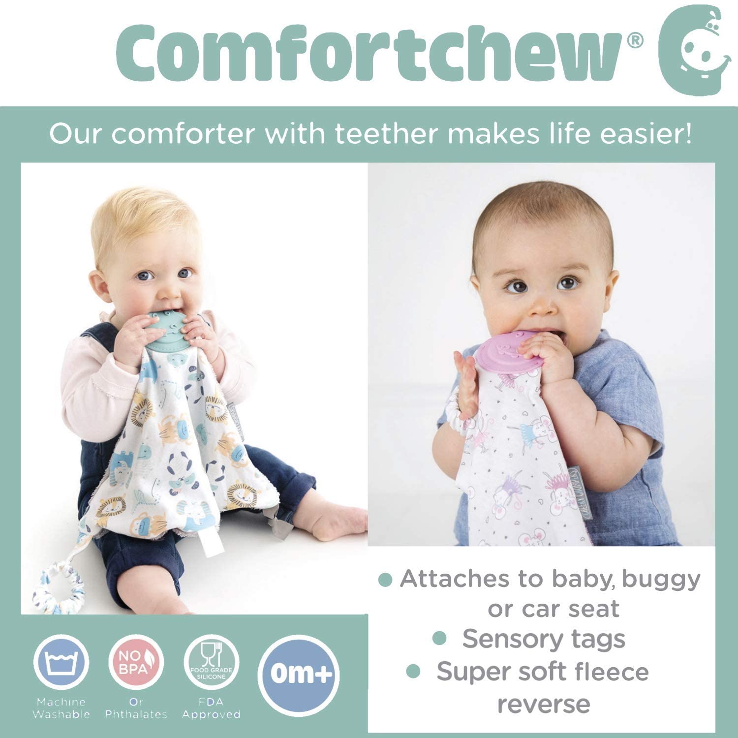 Cheeky Chompers Comfortchew baby lovey in use for comfort and teether