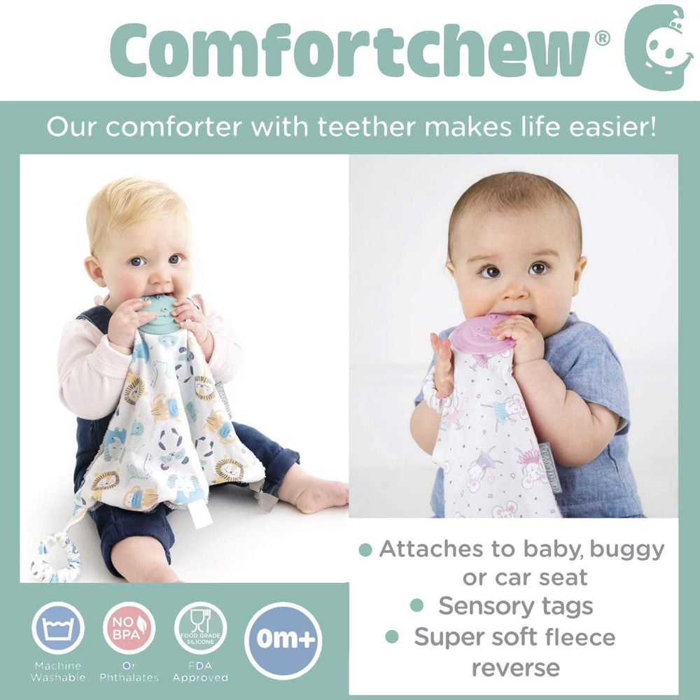 Cheeky Chompers Comfortchew baby lovey in use for comfort and teether