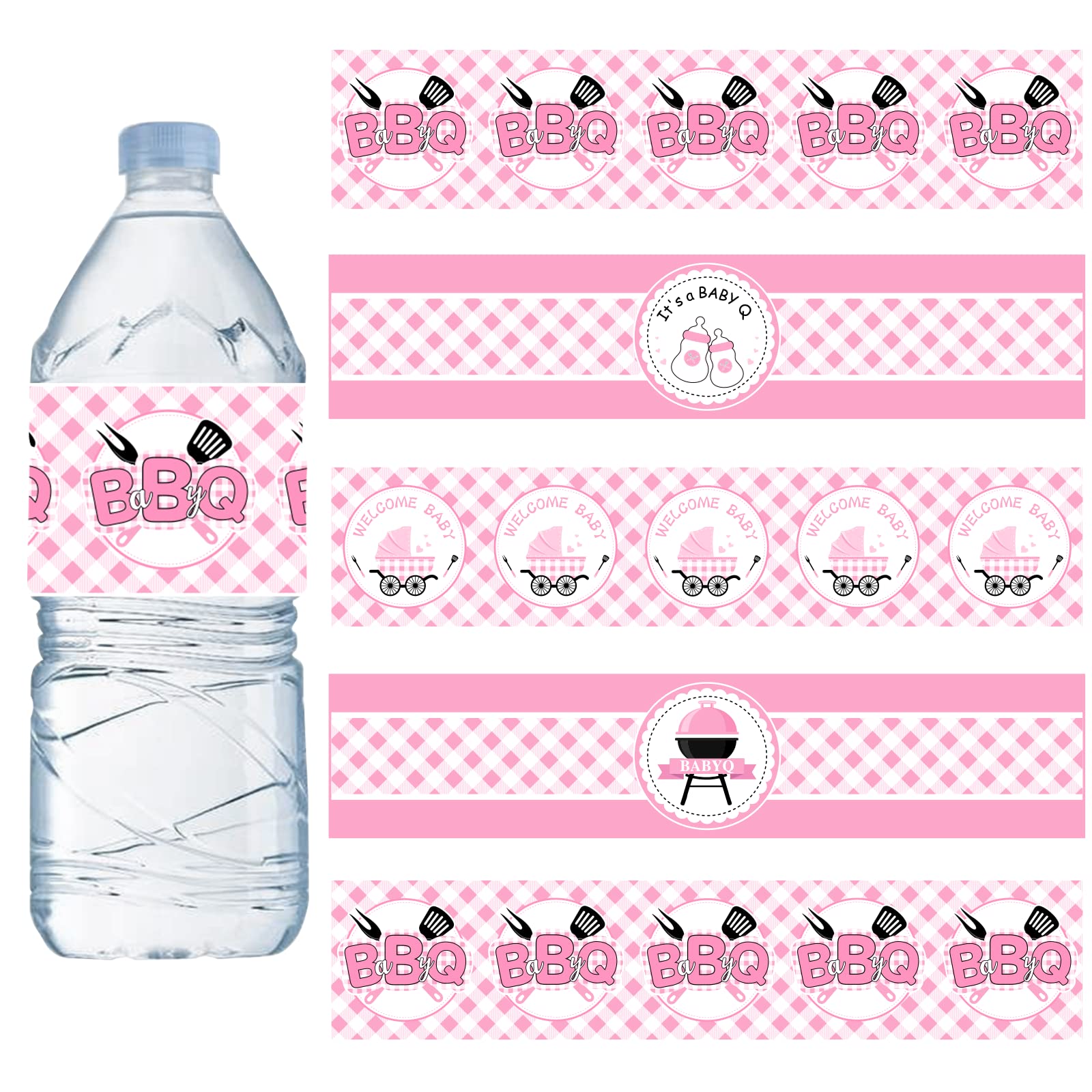 Cheereveal BBQ baby shower pink water bottle label for party decor.