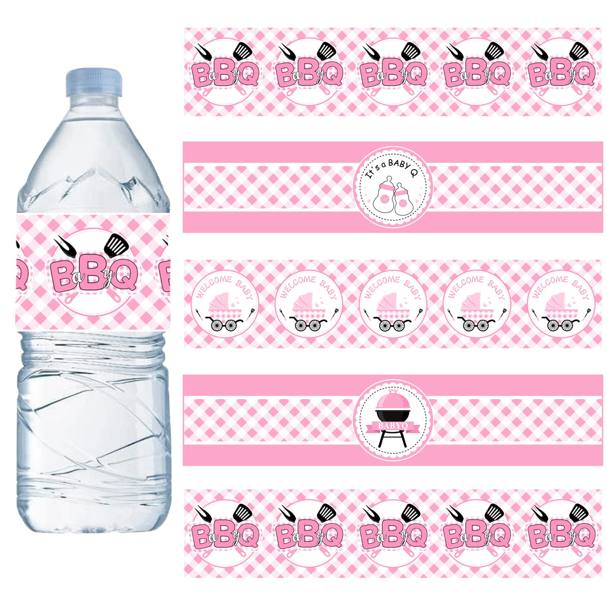 Cheereveal BBQ baby shower pink water bottle label for party decor.