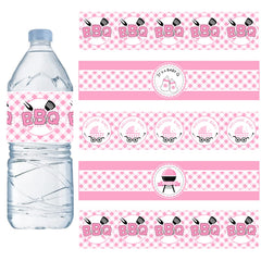 Cheereveal BBQ baby shower pink water bottle label for party decor.