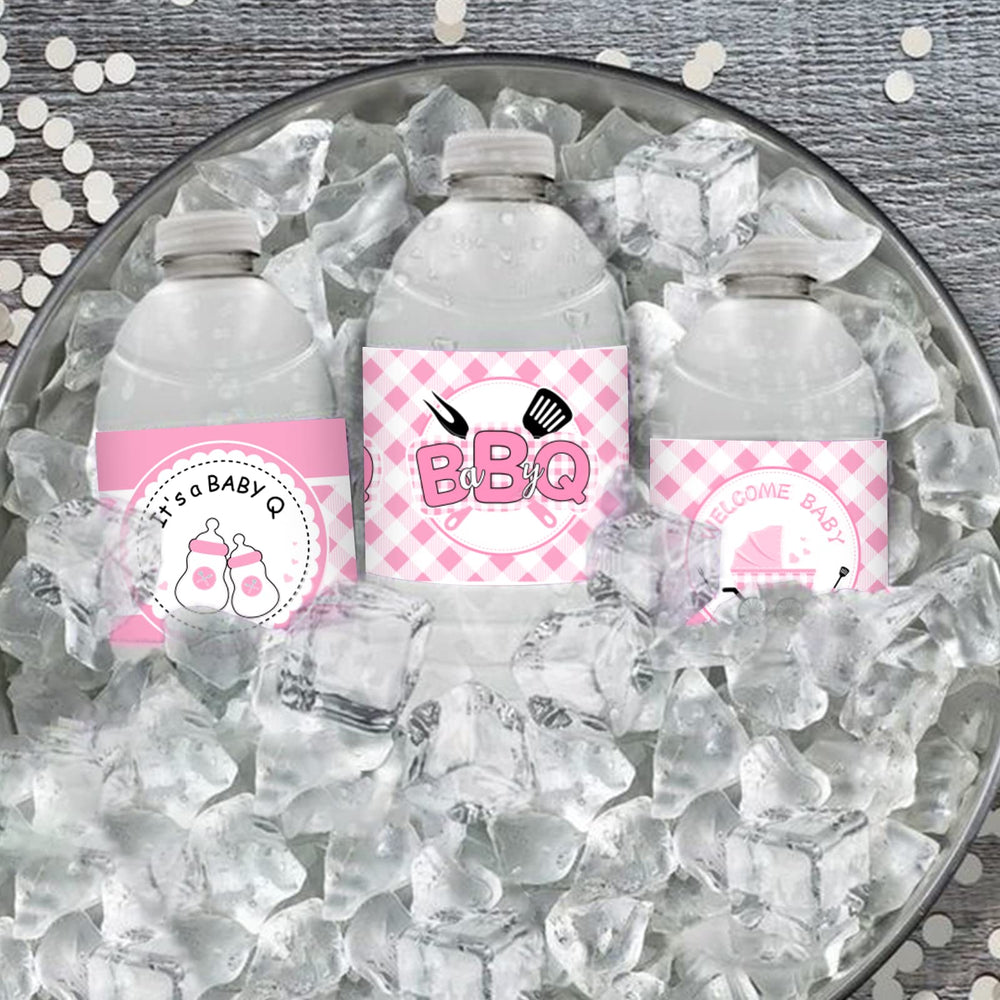 Cheereveal pink BBQ baby shower labels for coordinated decor.