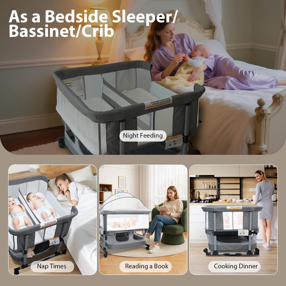 Cheermomo twin bassinet fully adjustable height shows flexible bedside alignment