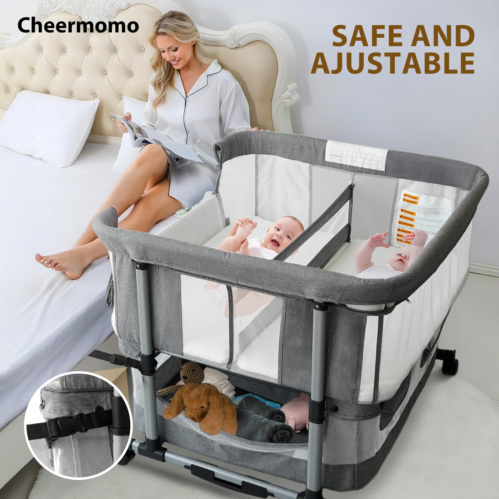 Cheermomo twin bassinet side view highlights compact, stable bedside setup