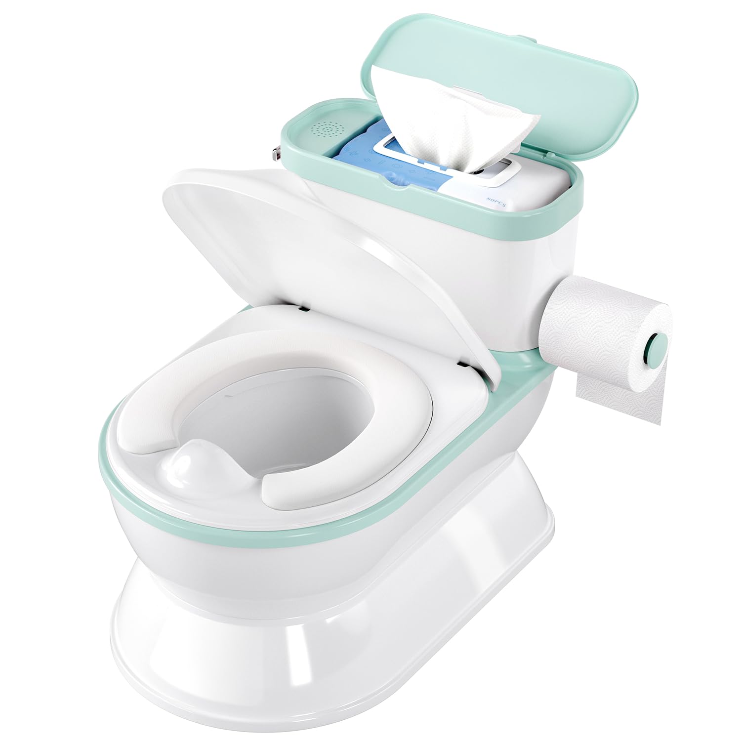 CheerTry 2-in-1 potty training toilet cyan front view with engaging potty-practice features.