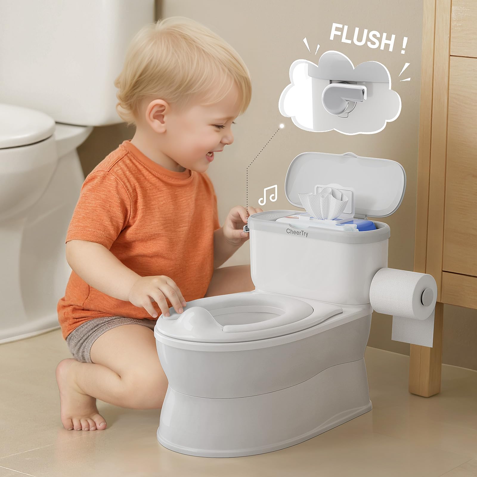 CheerTry 2-in-1 toddler potty flushing-sound button adds fun to potty time.