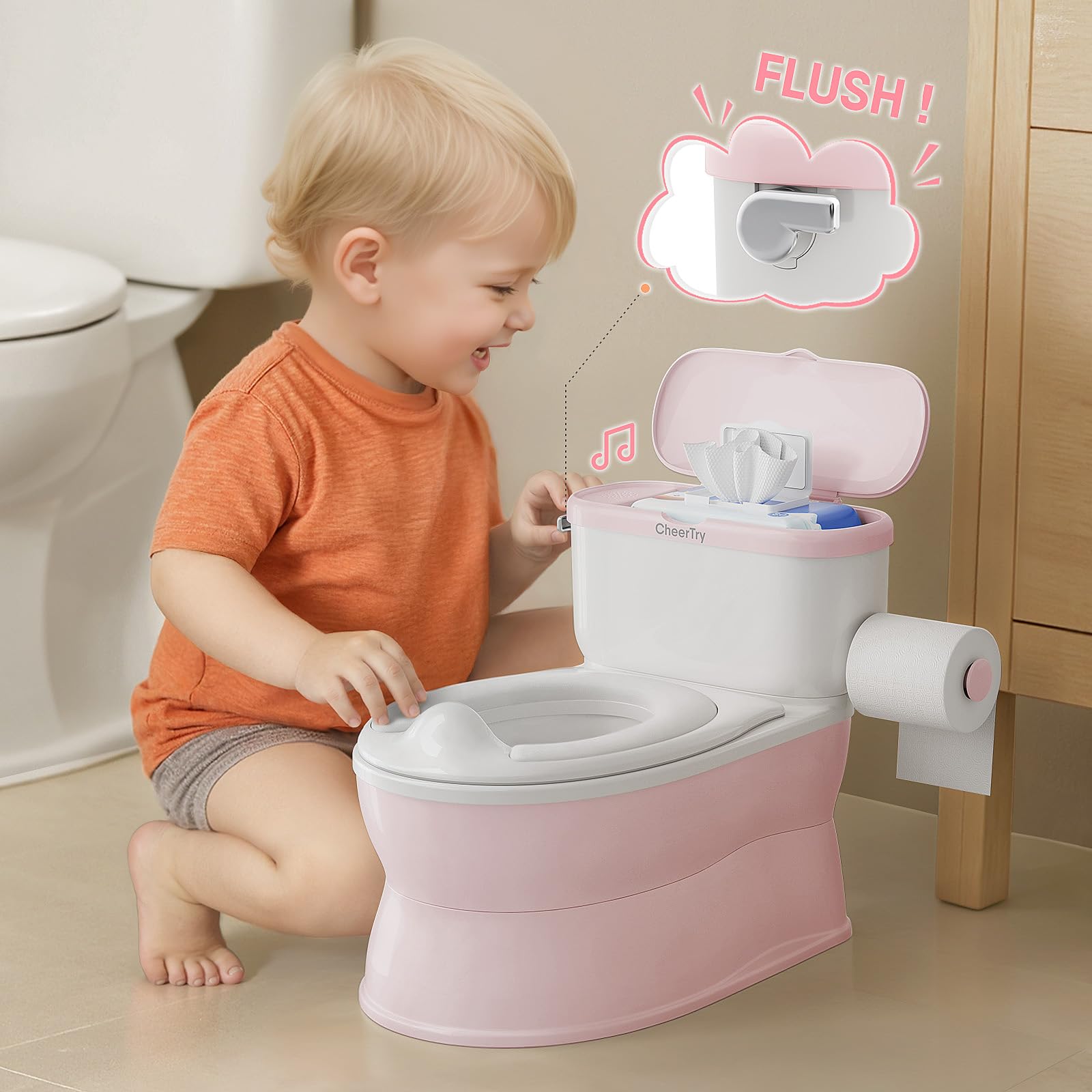 CheerTry detachable training seat allows easy transition from potty to regular toilet.