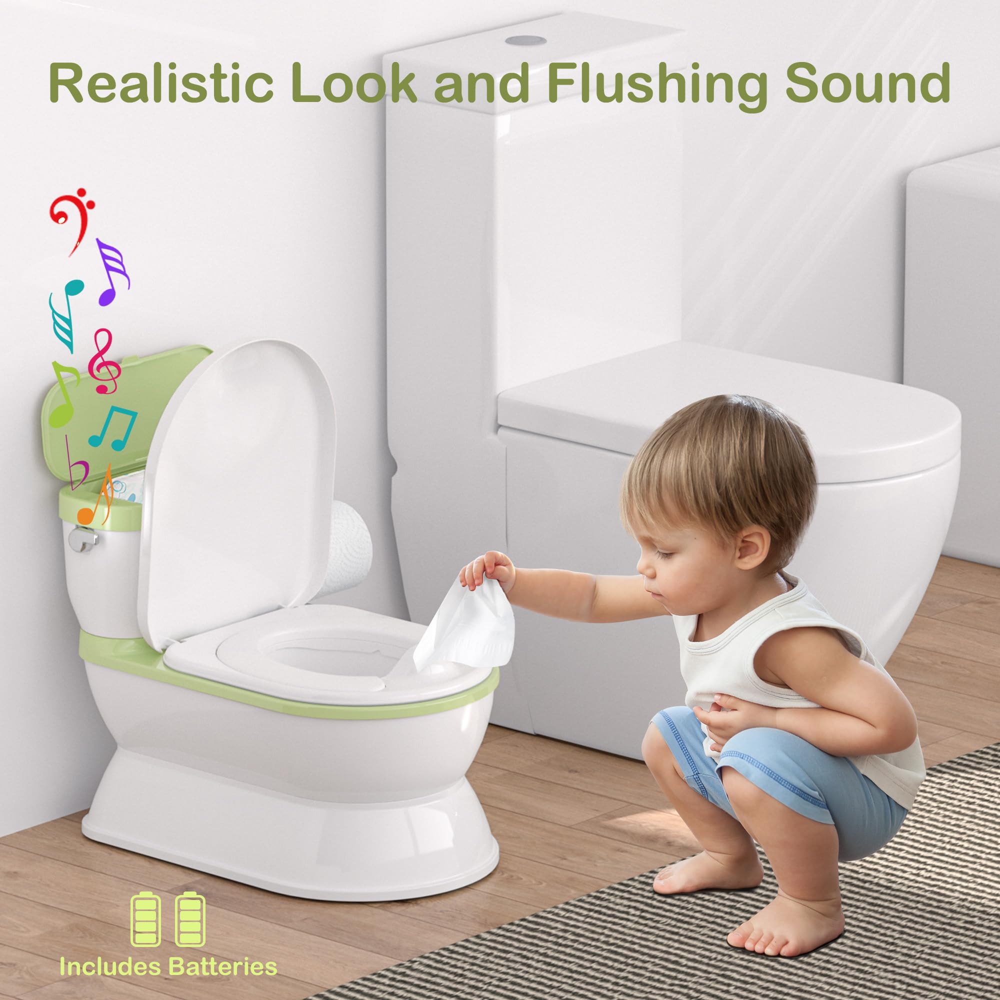 CheerTry potty with flushing sound in green to mimic real toilets and ease training.