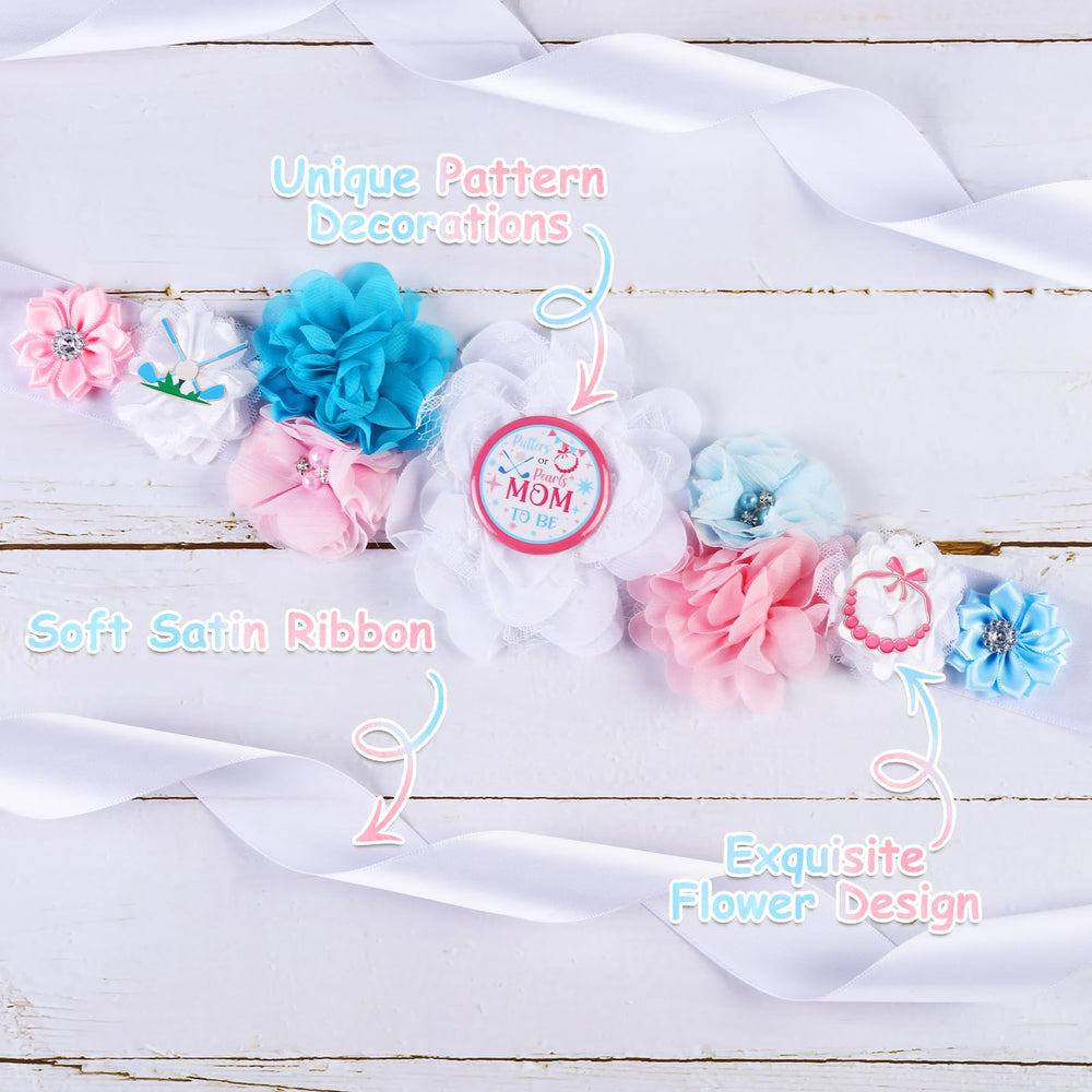 Cheerupp dad to be corsage pin complements mom’s sash and outfits.