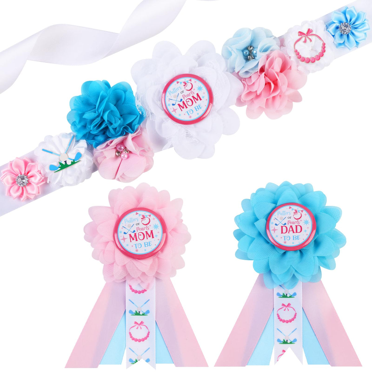 Cheerupp putters-pearls gender reveal sash, elegant maternity accessory for photos.