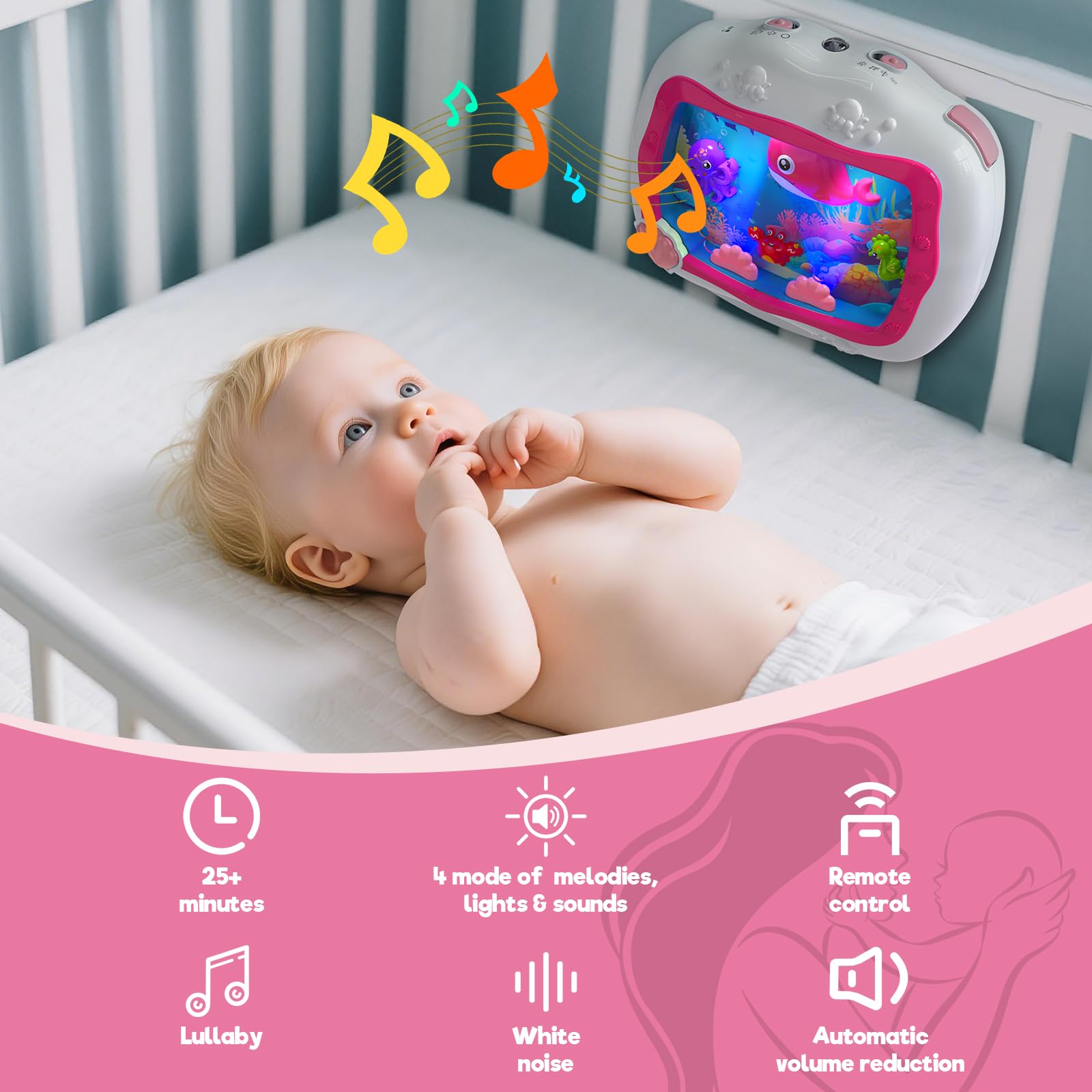 Cheffun Baby Aquarium Toy crib-rail attachment keeps soothing features within easy reach.