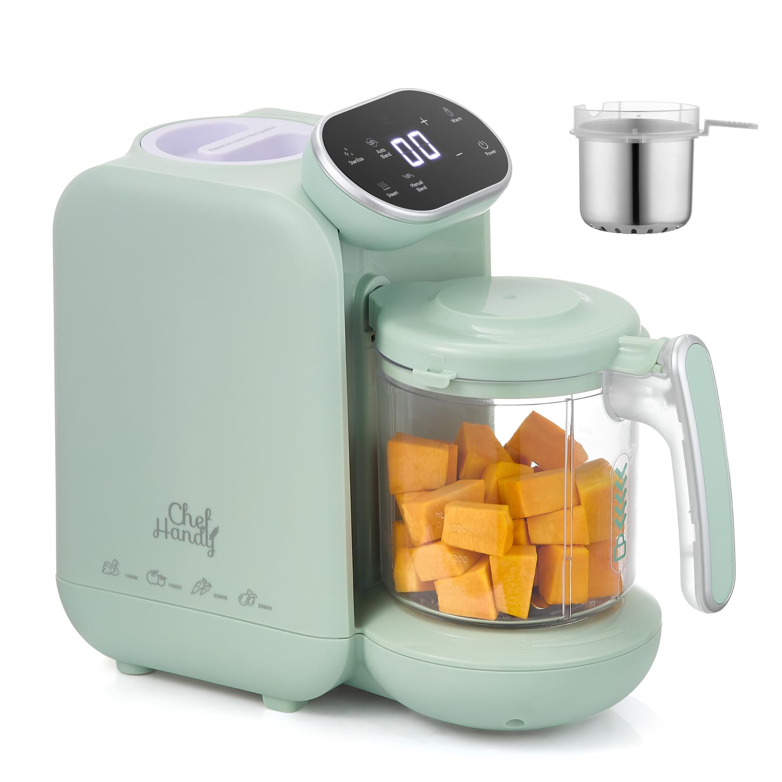Chefhandy baby food maker with stainless steel steam basket for nutrient-rich meals.
