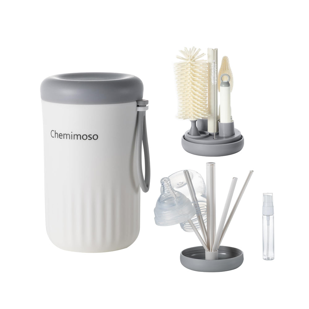 Chemimoso travel silicone bottle brush set with foldable drying rack for on-the-go cleaning.
