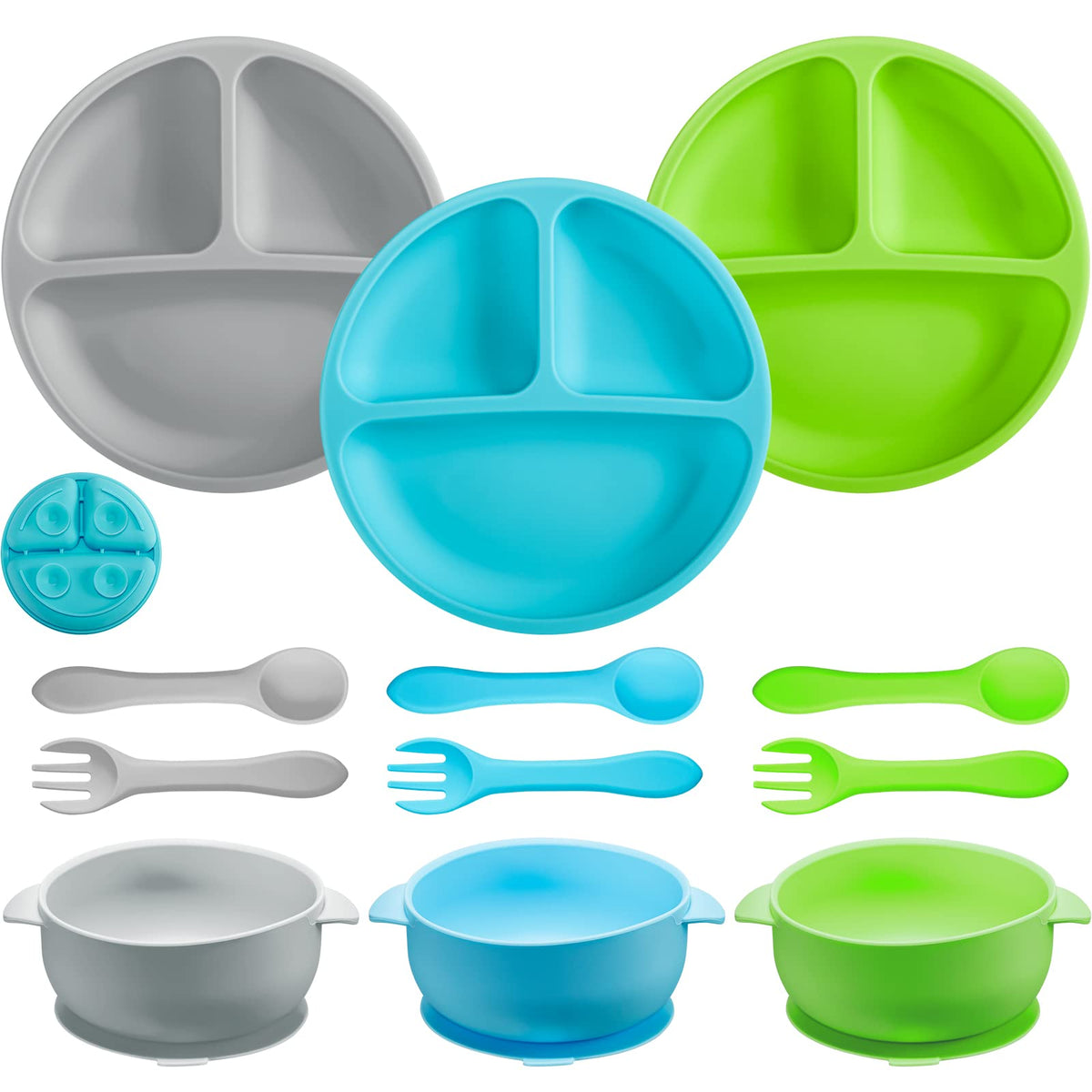 CHENGU 12-pc silicone bowls with suction for mess-free baby feeding.