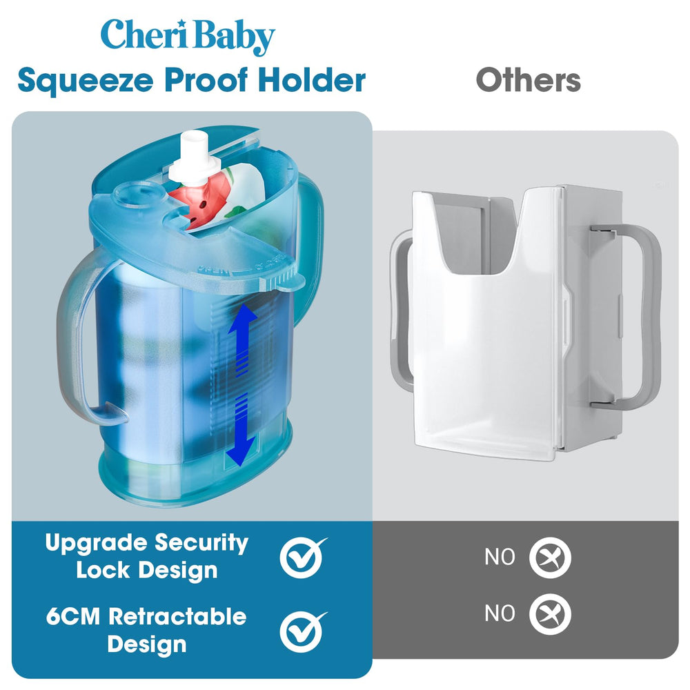 Cheri Baby Squeeze Pouch Holder blue BPA-free materials keep baby safe.