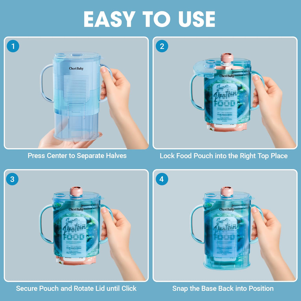 Cheri Baby Squeeze Pouch Holder blue upside-down use prevents spills.